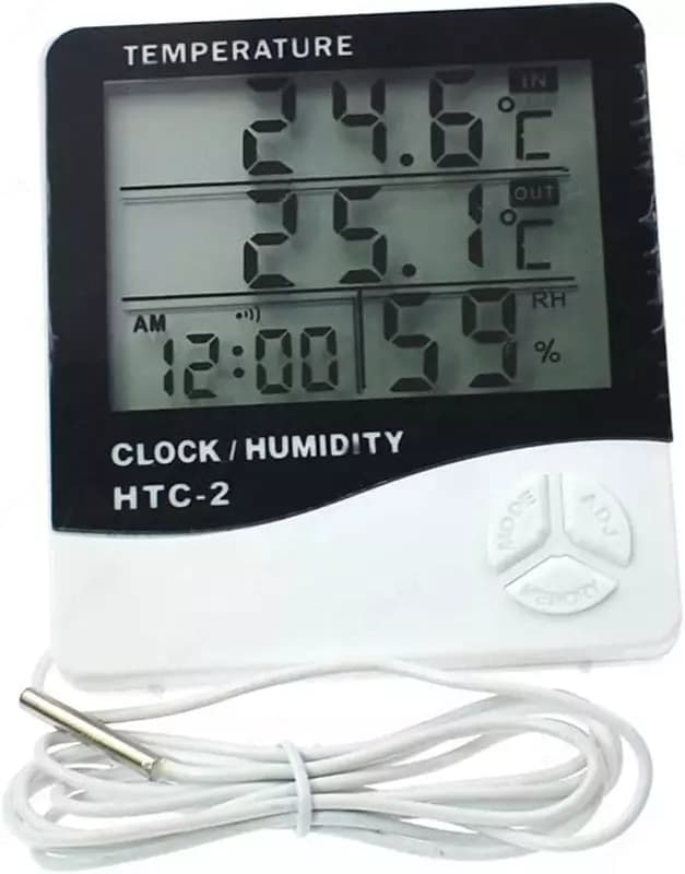 HTC-2 Цифровой Термометр-Гигрометр с LCD дисплеем – Метеостанция для измерения температуры и влажности с внешним датчиком и часами — 1