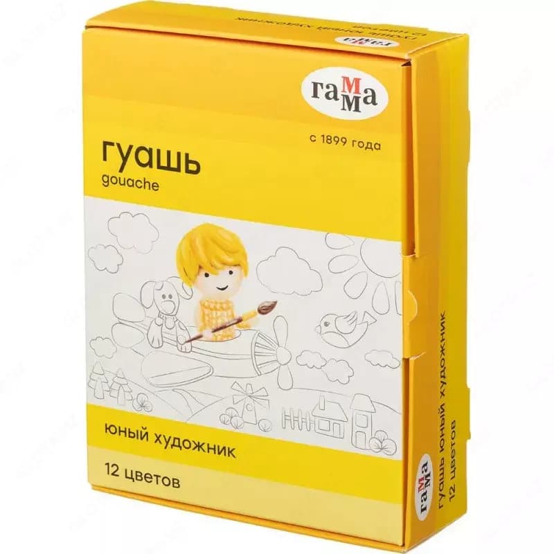 Гуашь Гамма ”Юный художник NEW”, 12 цветов,17,5мл, картон. упак. — 2
