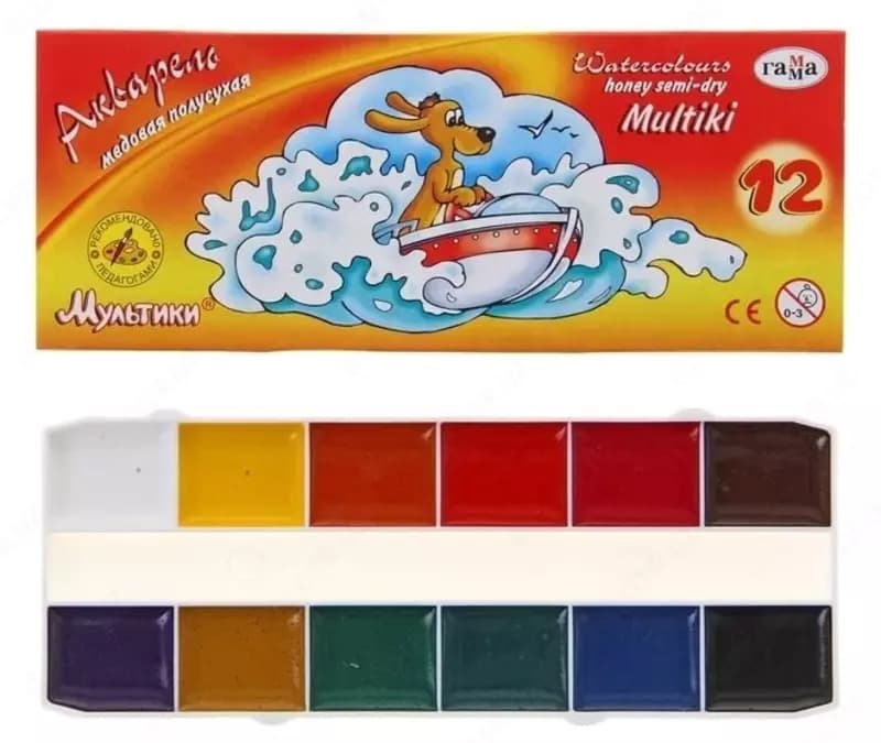 Акварель Гамма ”Мультики”, медовая, 12 цветов, без кисти, картон — 1