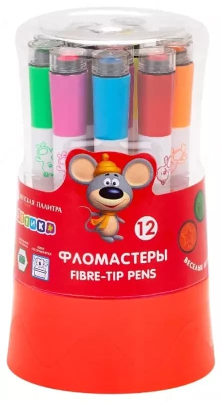 Фломастеры ”Цветик” со штампом, 12 цветов, пластиковый пенал — 1