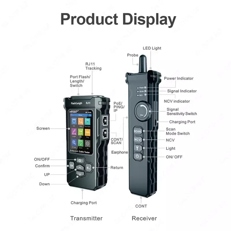 NF-8506 цифровой тестер сетевого кабеля с ЖК-дисплеем NOYAFA, перезаряжаемый сетевой линейный эхолот, Многофункциональный тестер для отслежи... — 4