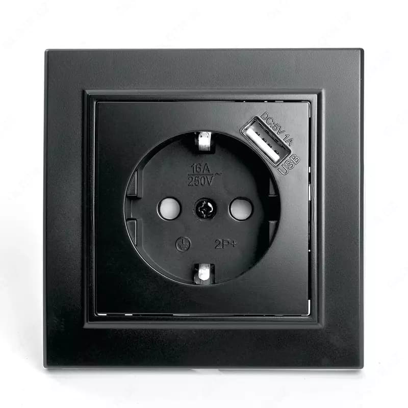 Одноместная розетка с USB-портом DC 5V 1A ”Dusel” Rich, 16А, 250 В (Black) — 1