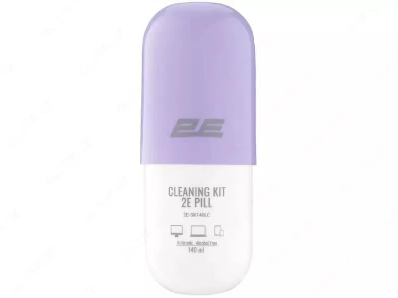 Чистящий набор / Cleaning kit 2E PILL for office equipment (liquid 140ml, whipe 20cm), white-lilac,2E-SK140LC — 2