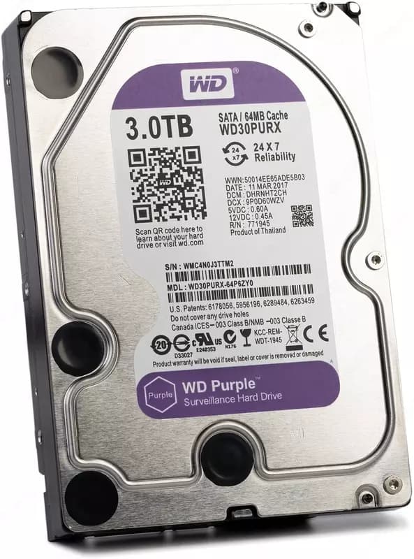 WD30PURX-78 WD Purple (Фиолетовый) 3TB HDD — профессиональный диск для видеонаблюдения, Hikvision (RES) — 3