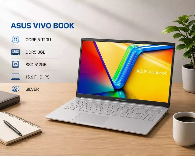 Ноутбук ASUS VIVO BOOK / CORE 5-120U / DDR5 8GB / SSD 512GB / 15.6 FHD IPS / SILVER — 1
