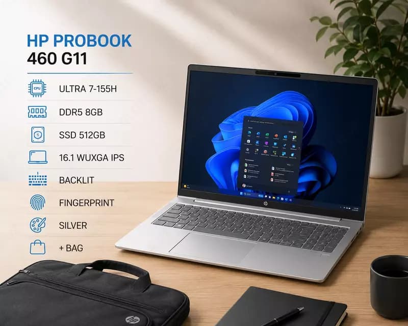 Ноутбук HP PROBOOK 460 G11 / ULTRA 7-155H / DDR5 8GB / SSD 512GB / 16.1 WUXGA IPS / BACKLIT / FINGERPRINT / SILVER / + BAG — 1