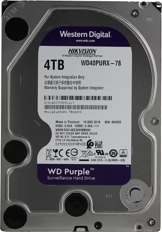 WD40PURX-78 WD Purple (Фиолетовый) 4TB HDD — профессиональный диск для видеонаблюдения, Hikvision (RES) — 1