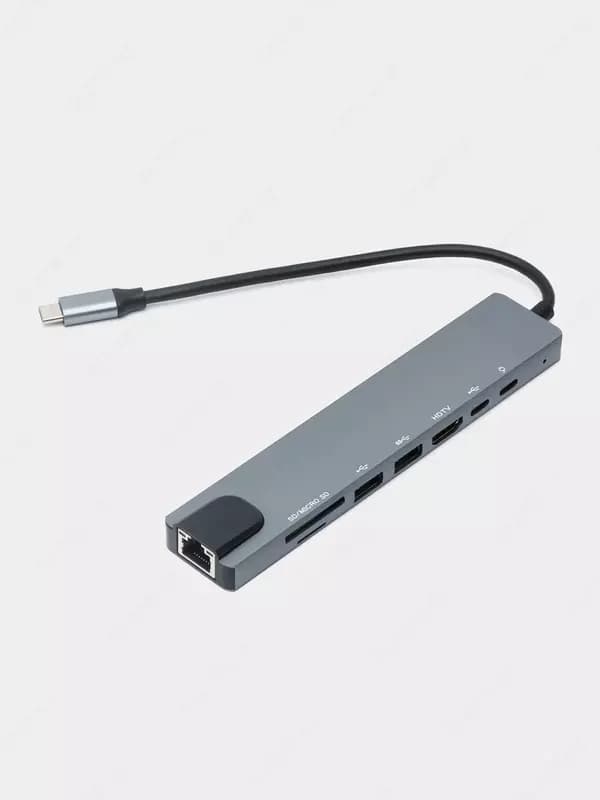 Универсальный концентратор Type-C для HDTV 8-в-1, концентратор, сетевой адаптер RJ45, HDMI, 2 порта USB, 2 разъема Type-C. — 2