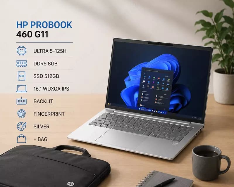 Ноутбук HP PROBOOK 460 G11 / ULTRA 5-125H / DDR5 8GB / SSD 512GB / 16.1 WUXGA IPS / BACKLIT / FINGERPRINT / SILVER / + BAG — 1