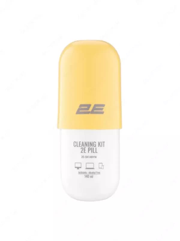 Чистящий набор / Cleaning kit 2E PILL for office equipment (liquid 140ml, whipe 20cm), white-yellow,2E-SK140YW — 2
