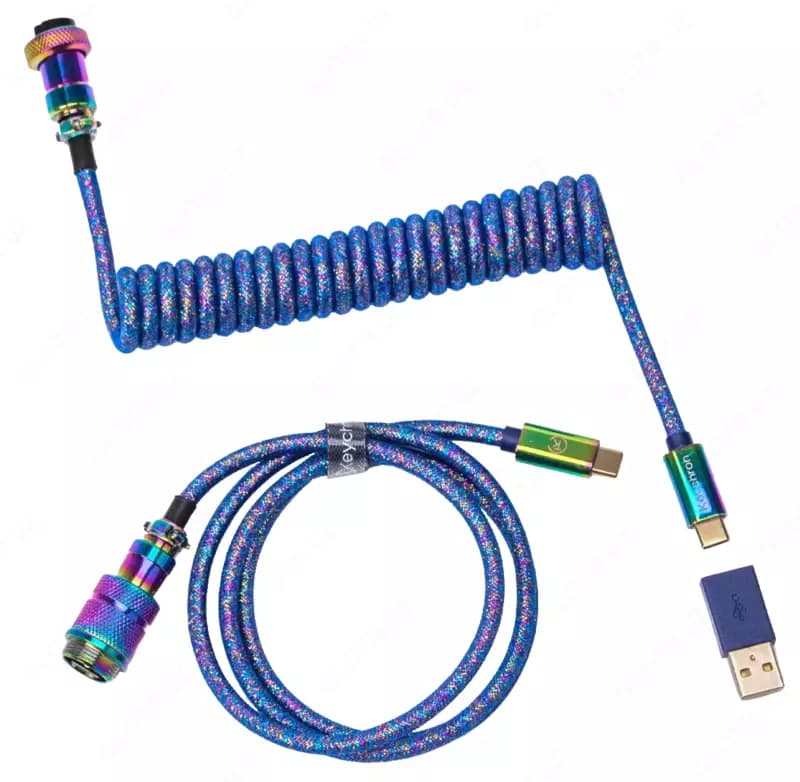 Cabel Type-A/Type-C Keychron Premium Coiled Aviator Cable-Straight Rainbow Palted Blue — 2