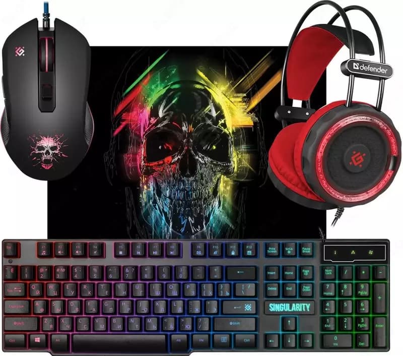 Комплект игровой клавиатура проводная + мышь + гарнитура + коврик Defender Singularity MKP-118 — 1