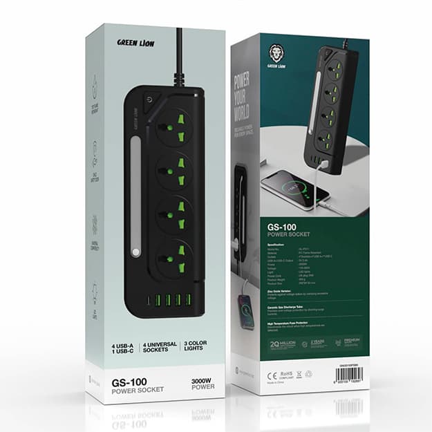Ko‘p portli aqlli vilka Green Lion GS-100 Power Socket 3000W — 2