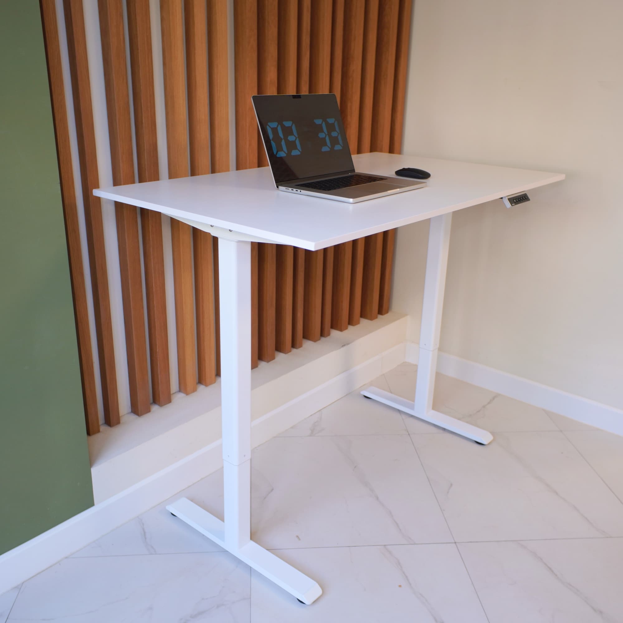 UPSTOL balandligi sozlanishi mumkin bo‘lgan kompyuter stoli: oq ramka va oq laminatlangan LDSP stol, 145x80 mm — 8
