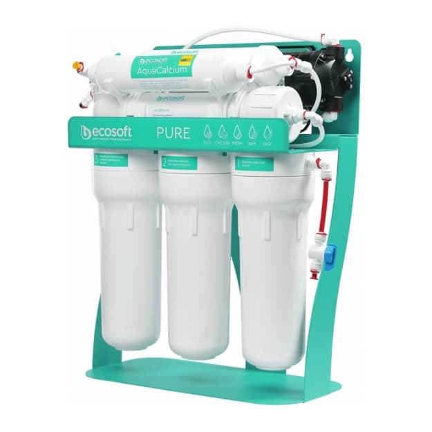 Ecosoft P'URE AquaCalcium Mint teskari osmos filtri, stendli nasosli,75gpd DuPont membranasi, minerallar bilan boyitilgan AquaCalcium kartriji, 1:1 drenaj. — 2