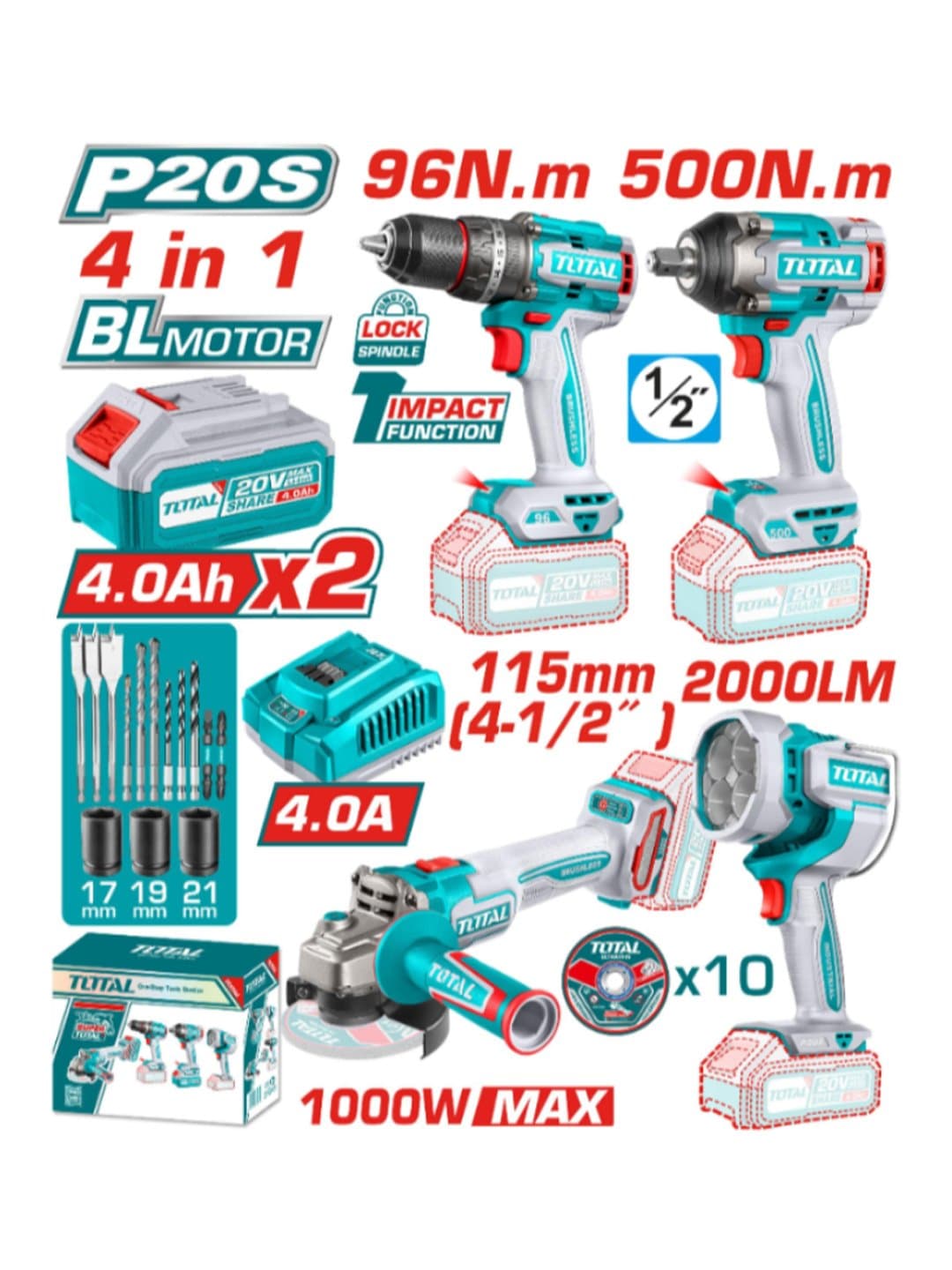 Akkumulyatorli asboblar to'plami TOTAL TOSLI241292 (4 tasi 1 da) — 1