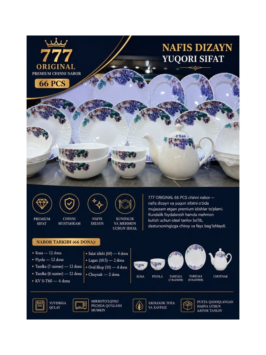 Oshxona servizi 777 Premium 777-66-fiolet (66 dona)