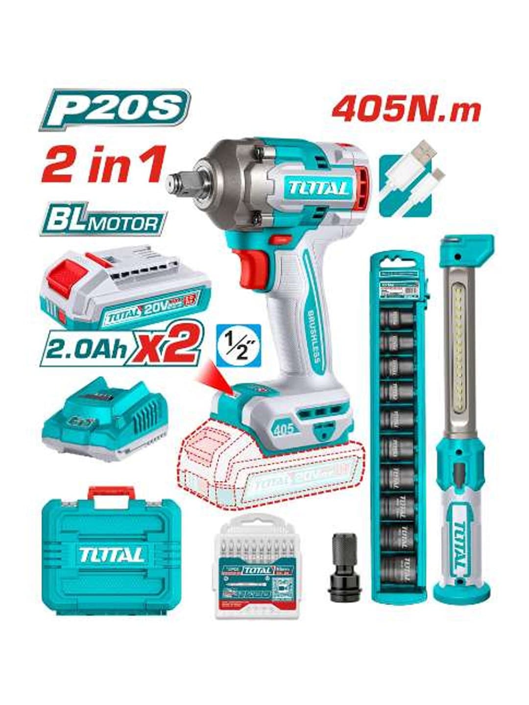 Akkumulyatorli asboblar to'plami Total TOSLI23056 (Gaykovert + Fonar) — 1