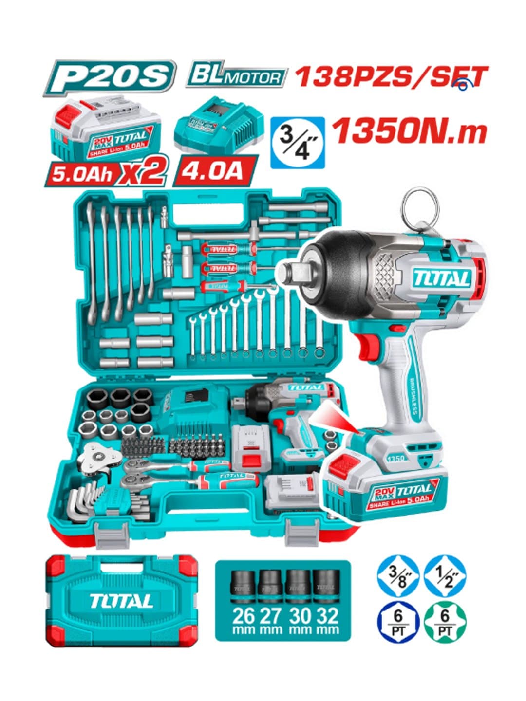 Akkumulyatorli zarbali gaykovert to'plami Total THKTHP41383 (138 dona) — 1