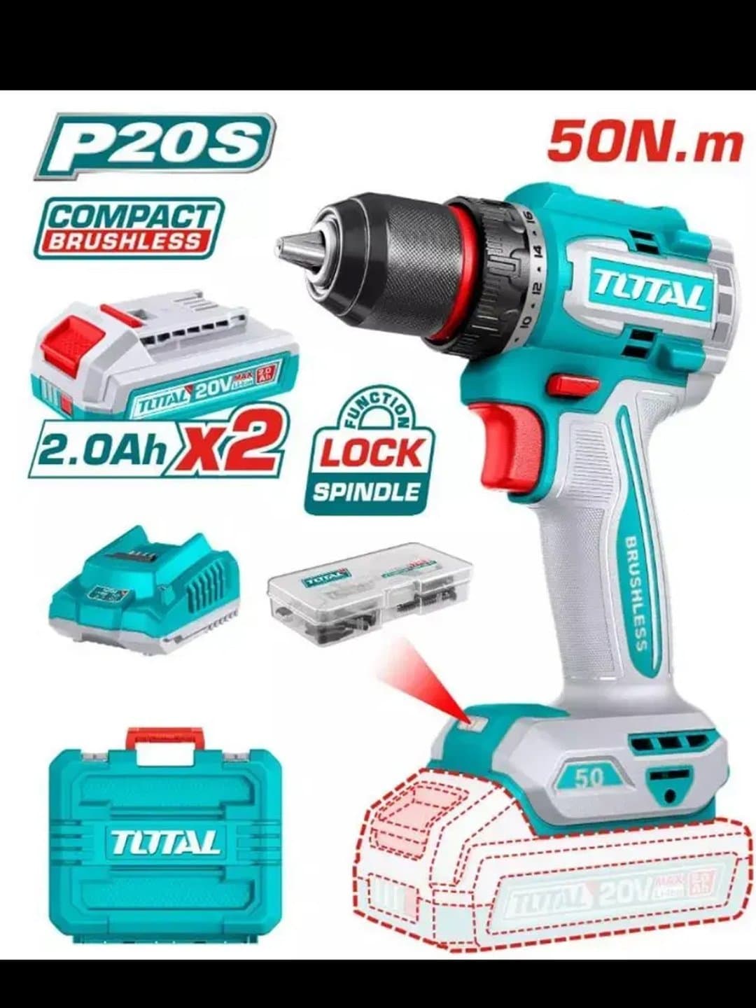 Akkumulyatorli drel-shurupovert TOTAL TDLI205062 20V 50Nm — 1
