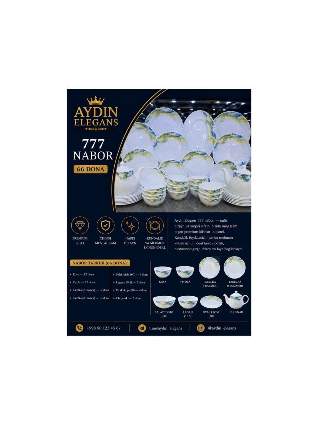 Oshxona servizi Aydin Elegans 777 777-66-dendiz (66 bo'lak),