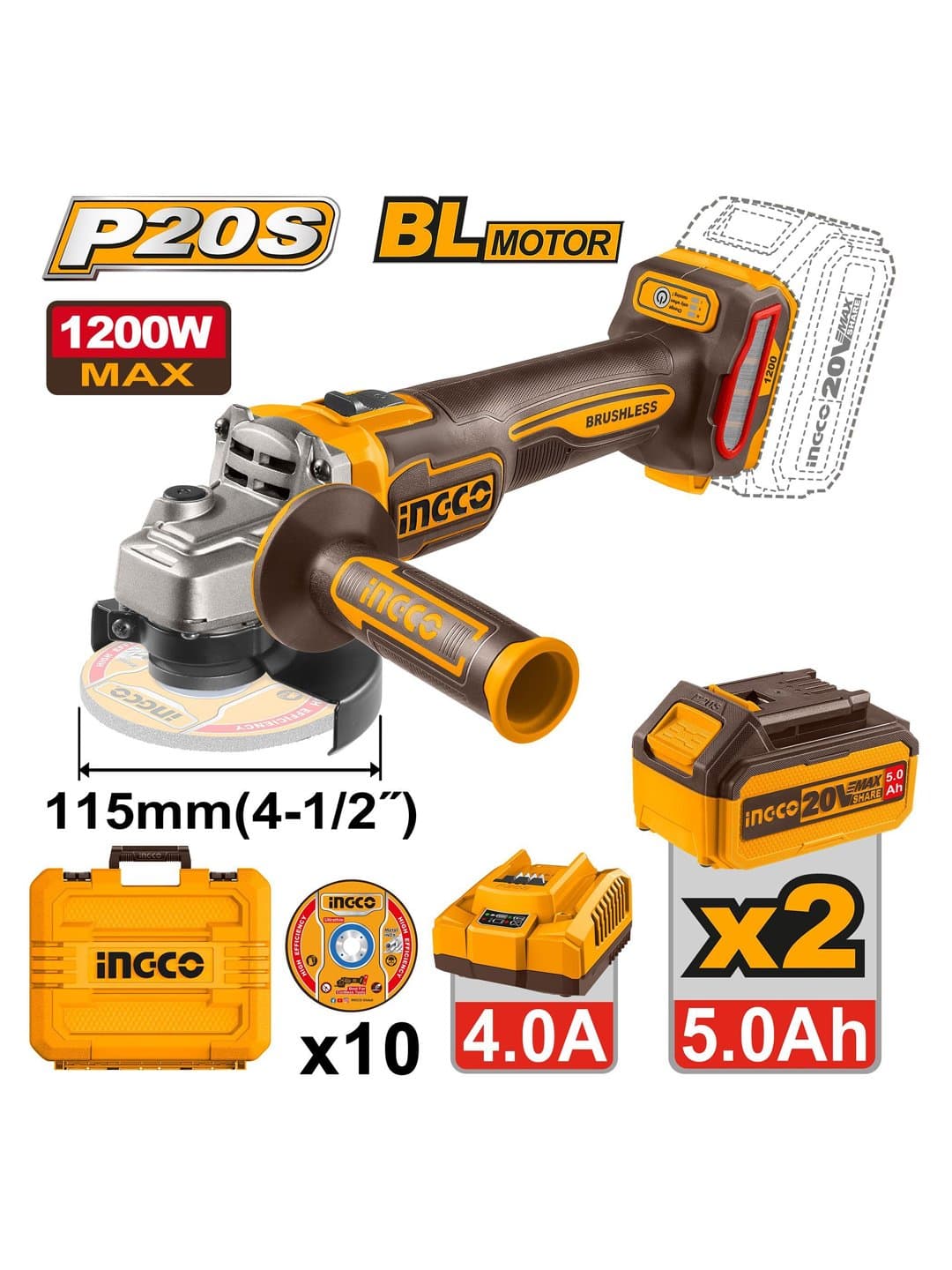 Burchakli silliqlash mashinasi INGCO CAGLI2211532 INDUSTRIAL 20V BL 115mm 2x5Ah — 1