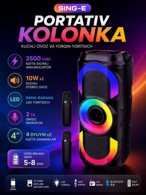 RGB Karaoke Kolonka 2 ta Simsiz Mikrofon bilan — Bluetooth Karaoke Spe