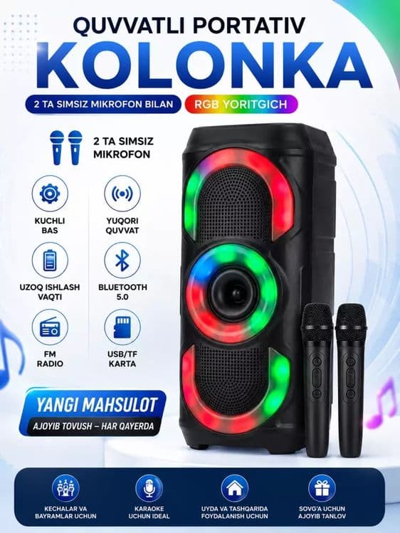 RGB Karaoke Kolonka 2 ta Simsiz Mikrofon bilan — Bluetooth Karaoke Spe — 2