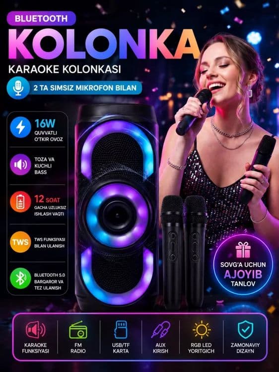 RGB Karaoke Kolonka 2 ta Simsiz Mikrofon bilan — Bluetooth Karaoke Spe — 3