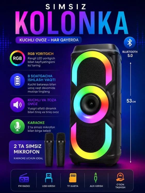 RGB Karaoke Kolonka 2 ta Simsiz Mikrofon bilan — Bluetooth Karaoke Spe — 4