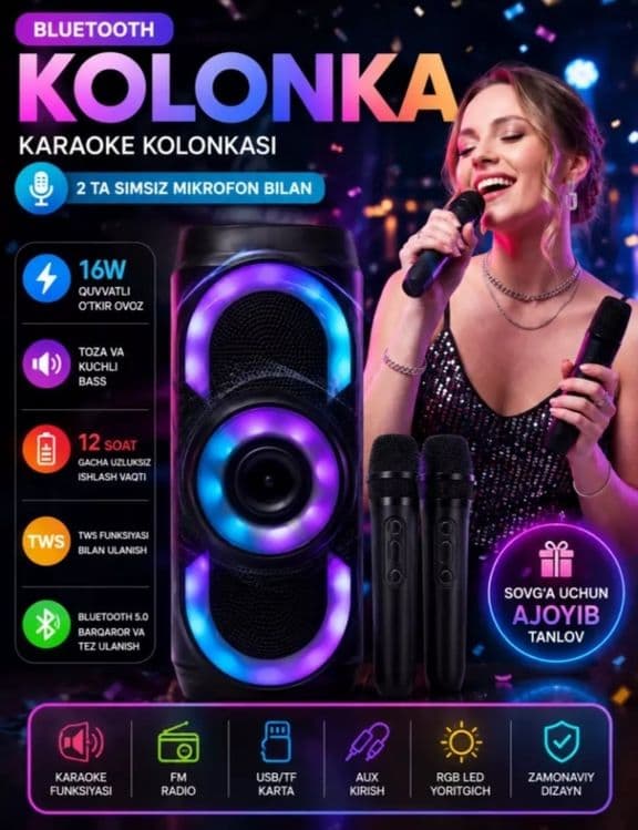 RGB Karaoke Kolonka 2 ta Simsiz Mikrofon bilan — Bluetooth Karaoke Spe