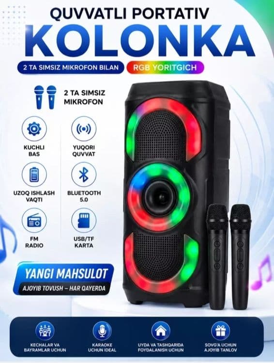 RGB Karaoke Kolonka 2 ta Simsiz Mikrofon bilan — Bluetooth Karaoke Spe — 2