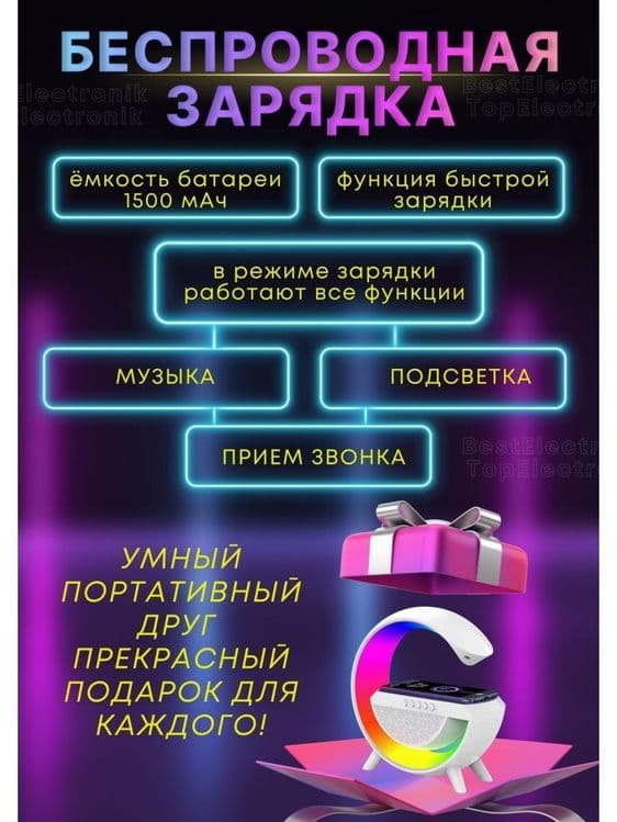 Лампа светодиодная звуковая колонка беспроводная зарядка. — 4