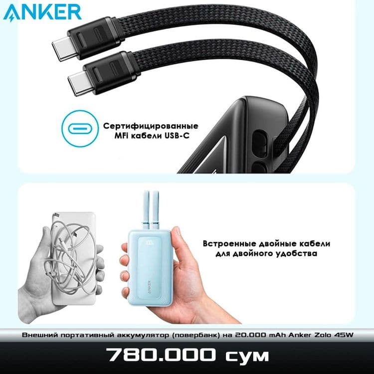 Супер-быстрый повербанк на 20.000 mAh Anker Zolo 45W — 2