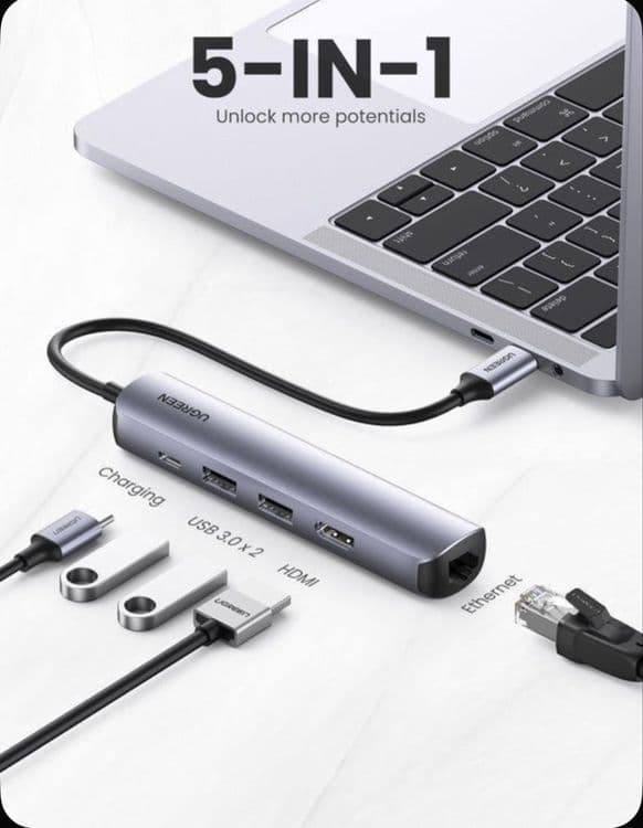 Ugreen CM-418 Typc hub 5/1 Type C to Hdmi,2*Usb 3.0,Type-C PD,Lan 1gb — 5