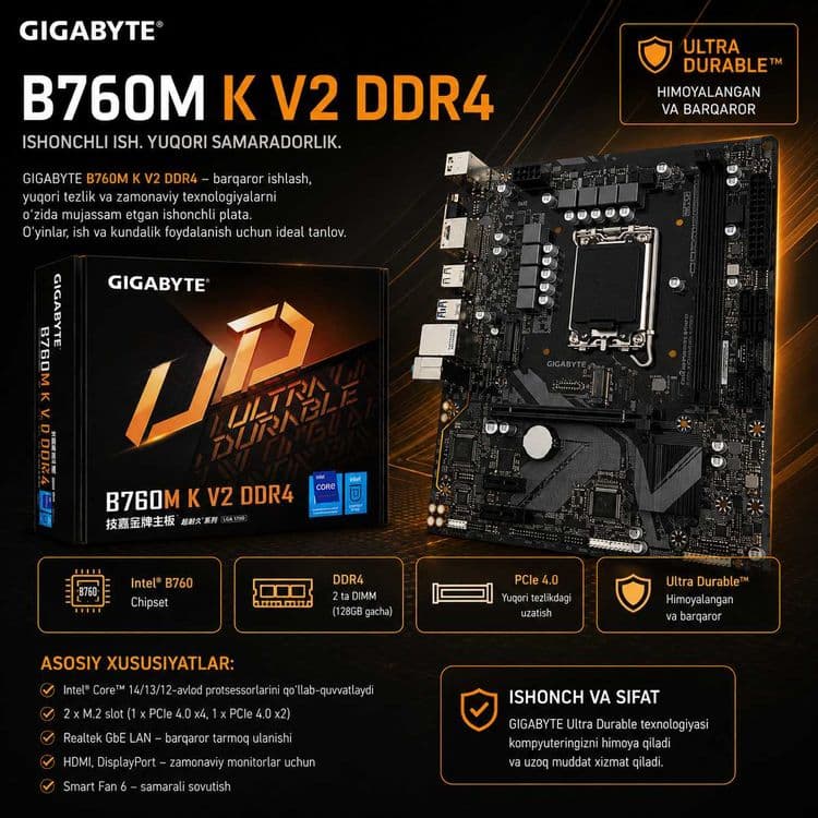 Gigabyte B760M K V2 DDR4 materinka platalar keldi LGA1700.B2B,B2C — 1