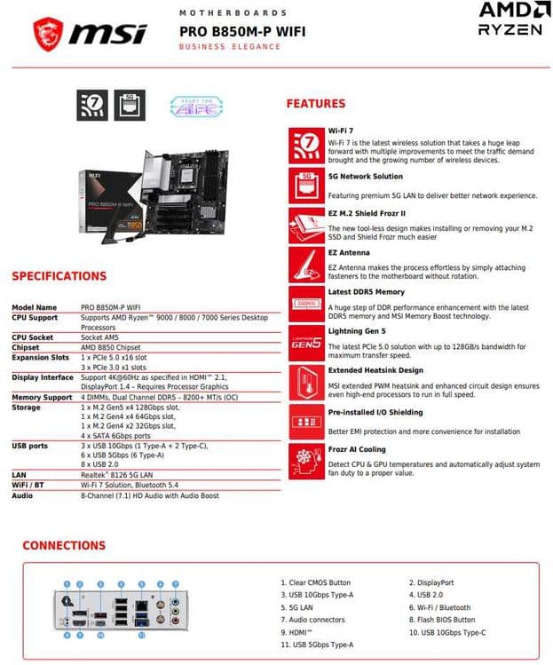 Материнская плата MSI PRO B850M-P WIFI 7 DDR5 AM5 mATX — 4