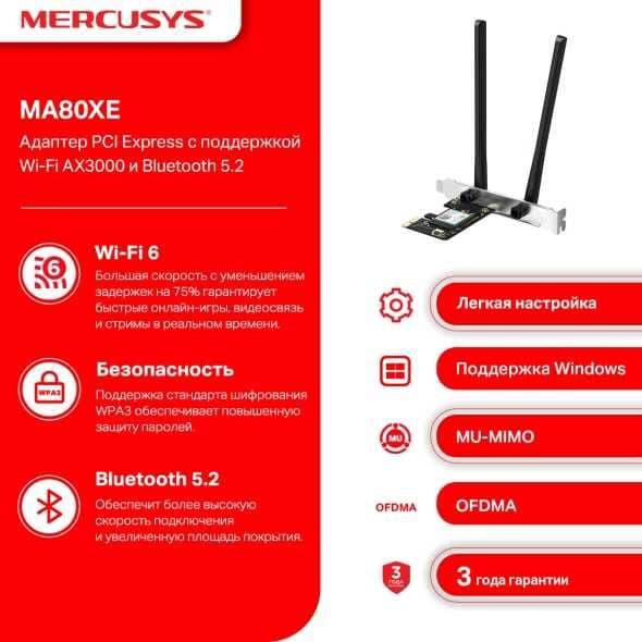 Mercusys MA530/MA86XE/MW300UM/HALO S3 Адаптер PCIe с поддержкой+ — 8