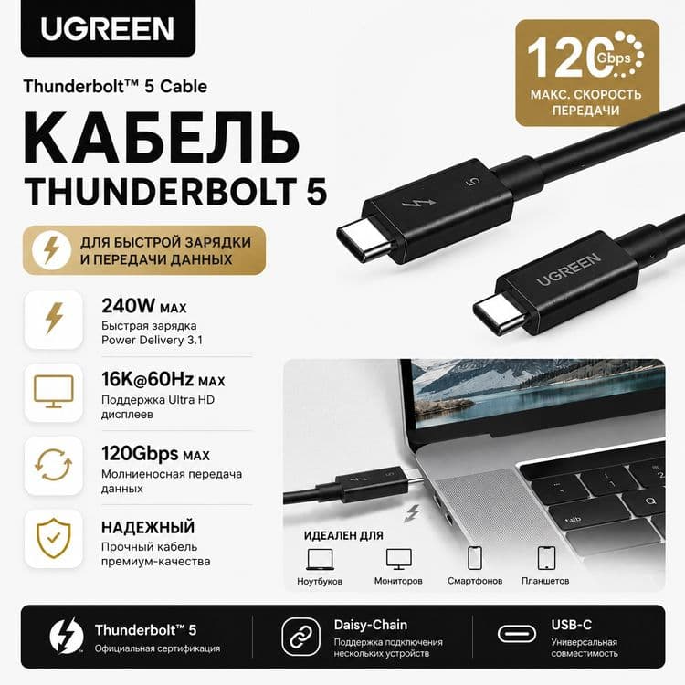 Кабель UGREEN Thunderbolt 5 USB-C 240W 120Gbps 16K — 1
