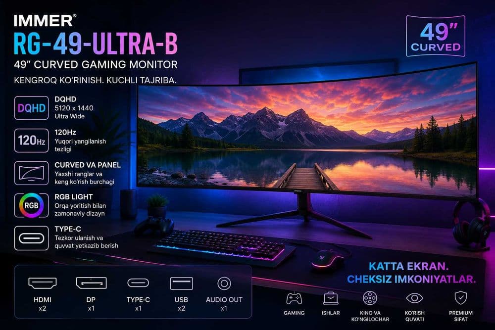 IMMER 49 CURVED hdmi+db+Type-C+Usb+AUDIO 120hz DQHD RGB Has stand — 1