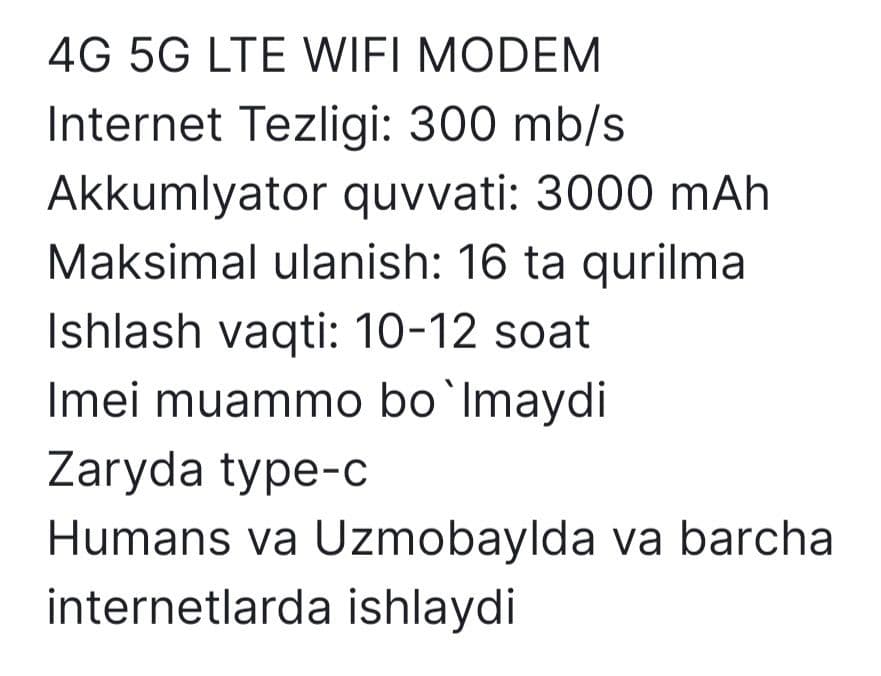 Modem 4G, 5G, LTE, Wi-Fi, CHO'NTAK ROUTER,SIM KARTALI,Карманный роутер — 5