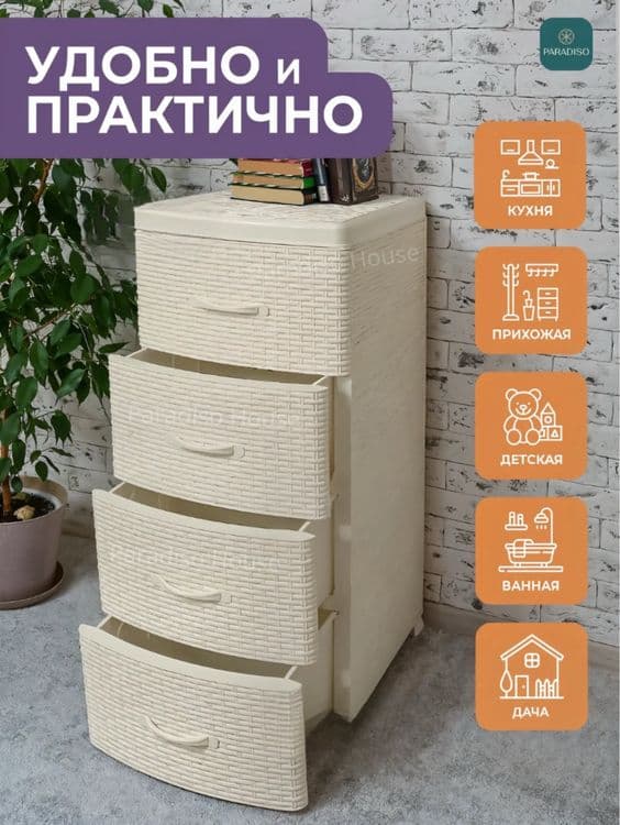 Пластиковый комод с 4 ящиками для хранения, plastik kamod, kamod — 4