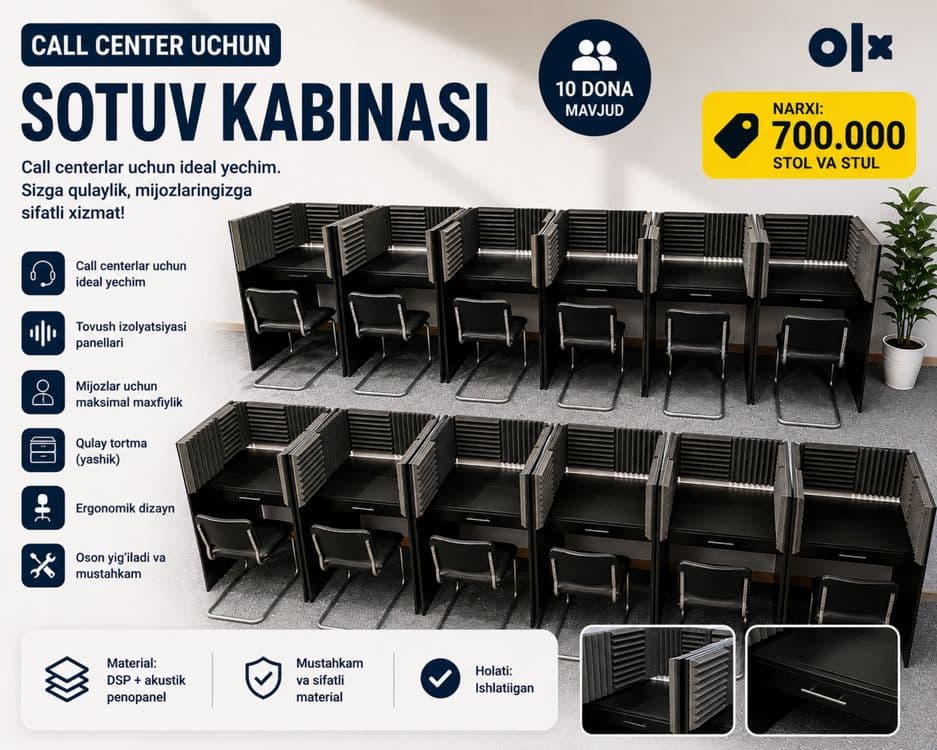 Call Center учун сотув кабиналари | Стол + стул | 10 дона мавжуд — 1