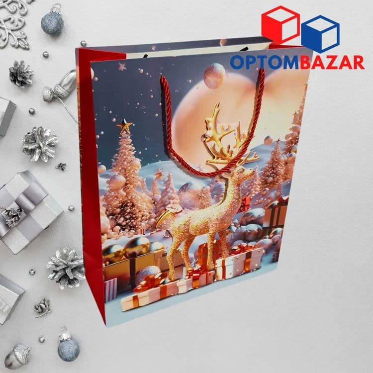 Yangi yil sovg'alari uchun archa rasmli 26x10x32 sm qog'oz paket — 2