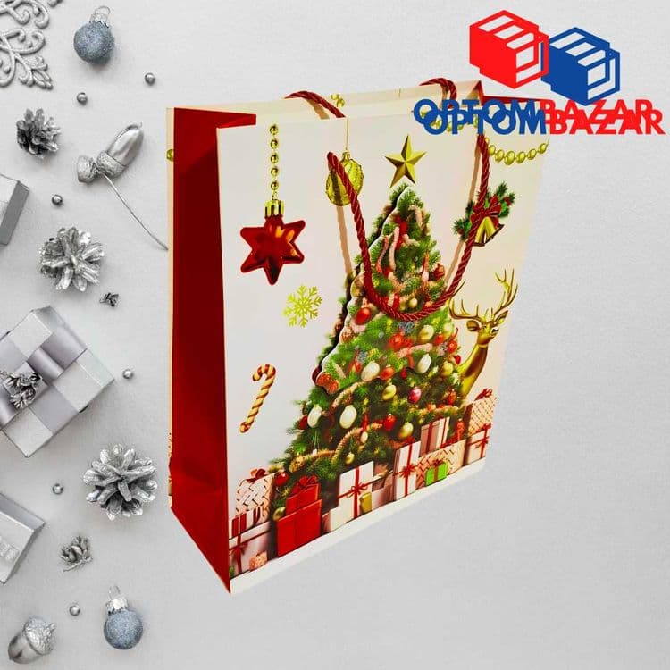 Yangi yil sovg'alari uchun archa rasmli 26x10x32 sm qog'oz paket — 3