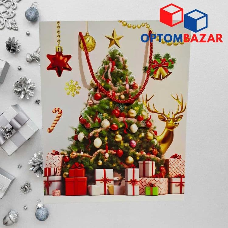 Yangi yil sovg'alari uchun archa rasmli 26x10x32 sm qog'oz paket — 4
