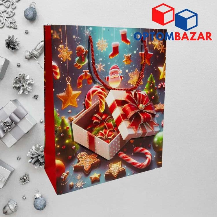 Yangi yil sovg'alari uchun archa rasmli 26x10x32 sm qog'oz paket — 5