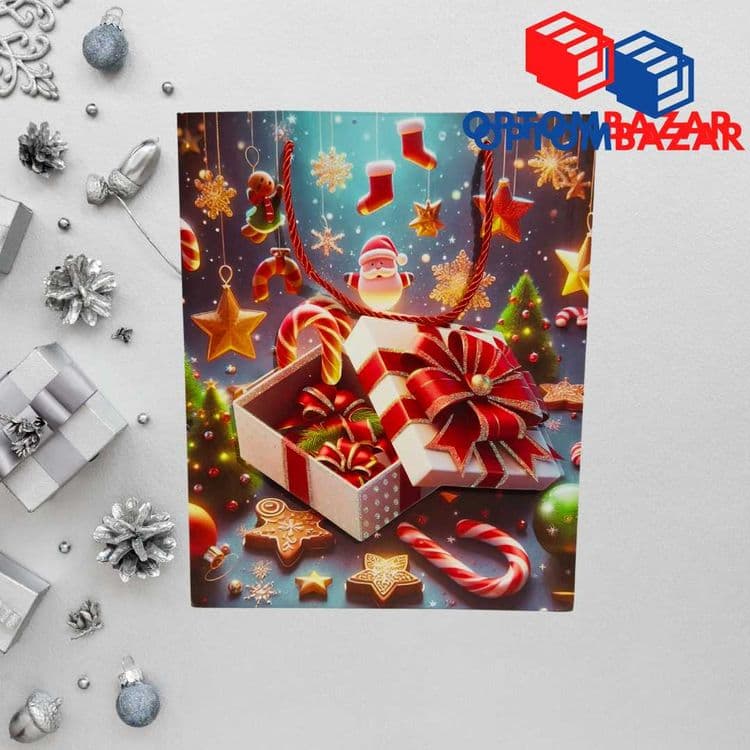 Yangi yil sovg'alari uchun archa rasmli 26x10x32 sm qog'oz paket — 6