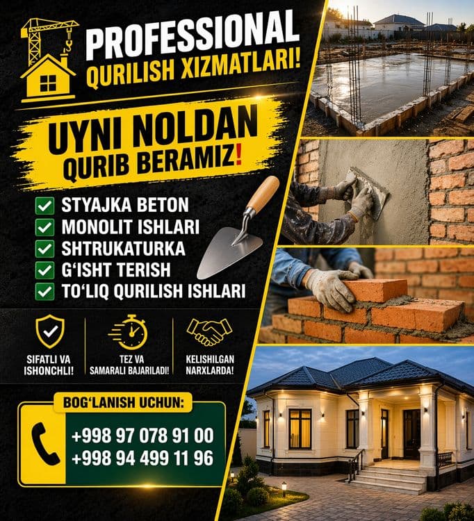 Ustalar xizmati santexnika beton quyish Shtukaturka qilish tom yopish — 2