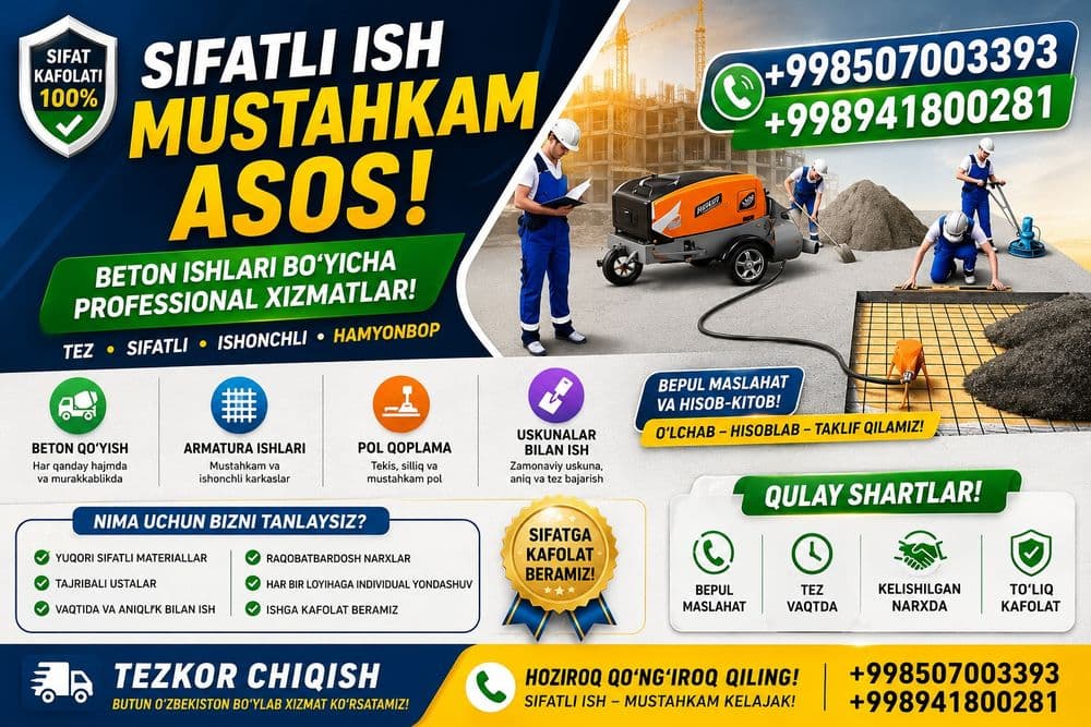 Suxoy stayashka xizmati
– polni tekislash
– laz — 1